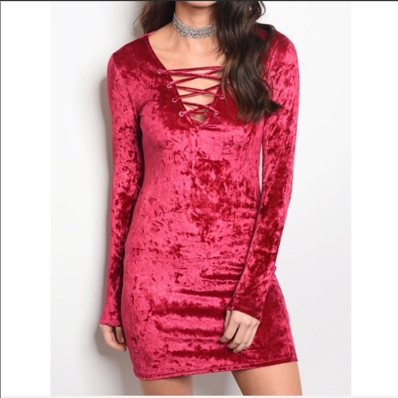 Popular Basics Dresses & Skirts - NWT! Crushed Red Velvet Lace-Up Front Mini Dress